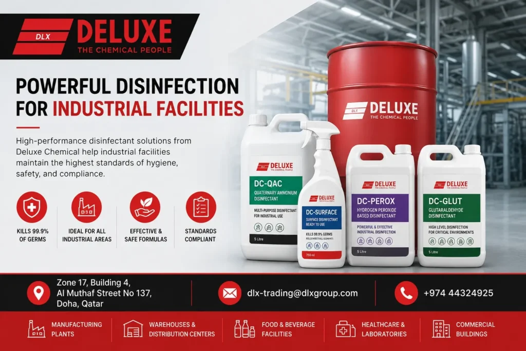 Deluxe Chemical industrial disinfectant products for factories, warehouses, healthcare facilities, and commercial buildings in Doha Qatar