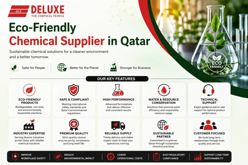 Eco-friendly chemical supplier in Qatar offering sustainable industrial and commercial chemical solutions by Deluxe Chemical
