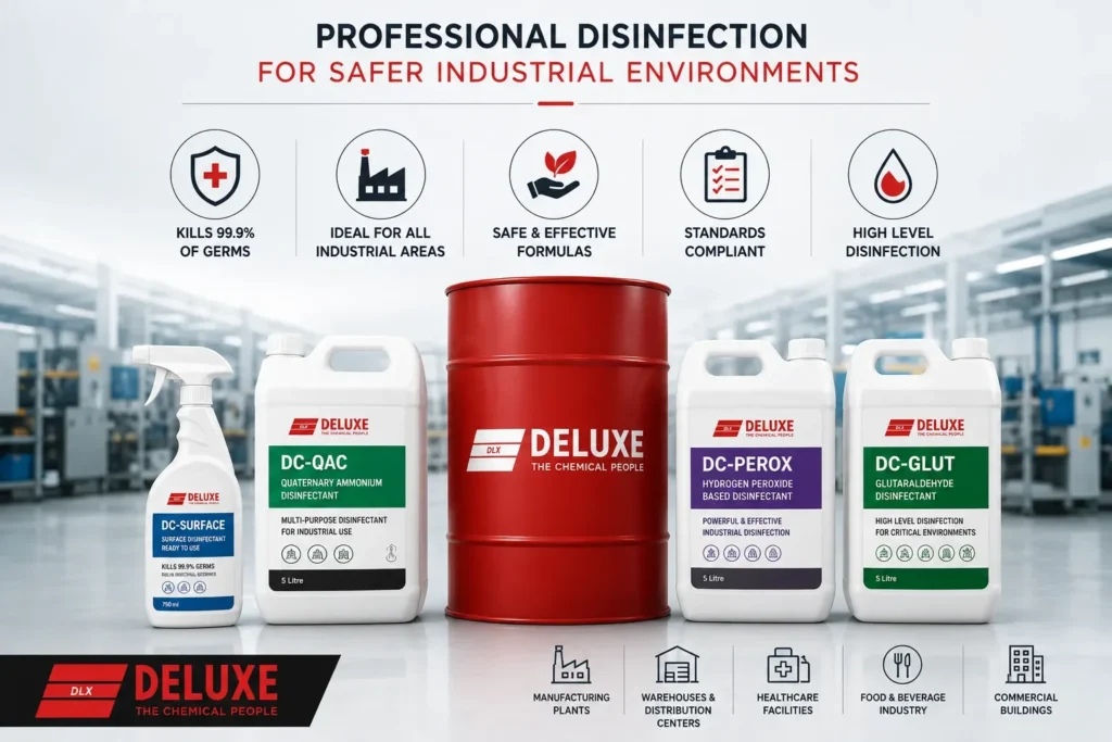 Professional industrial disinfectant products by Deluxe Chemical for factories warehouses healthcare and food processing facilities