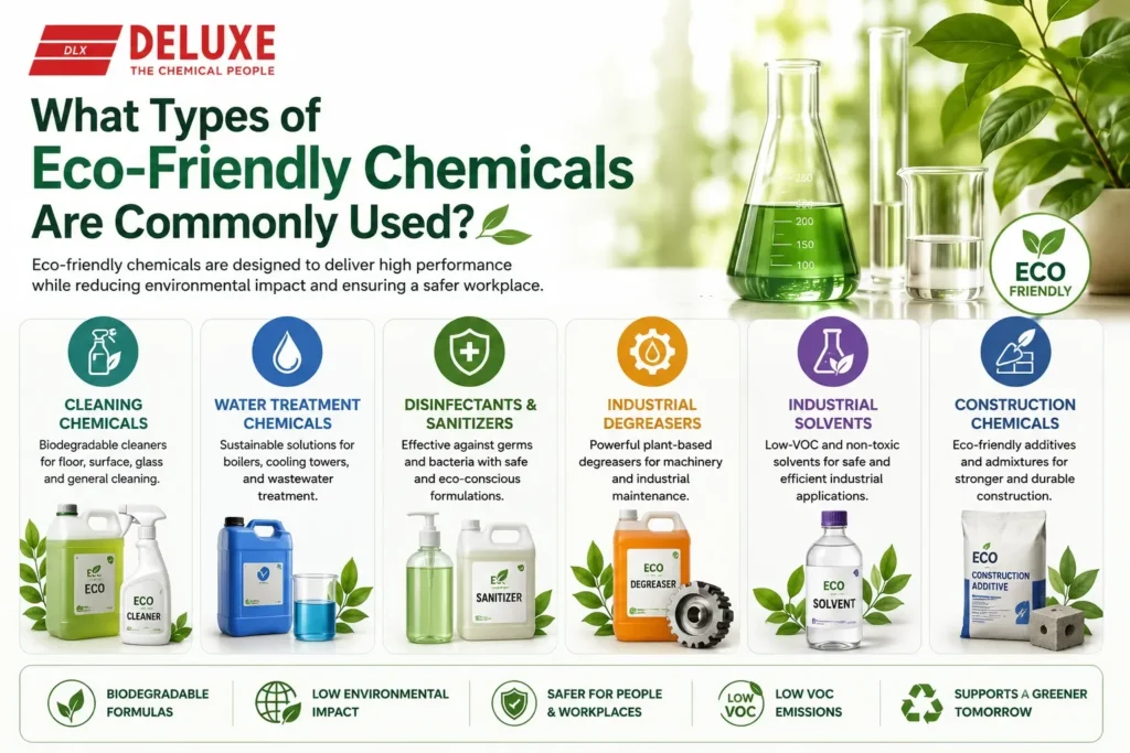 Types of eco-friendly chemicals used in Qatar including cleaning chemicals, water treatment chemicals, industrial solvents, degreasers, disinfectants, and construction chemicals