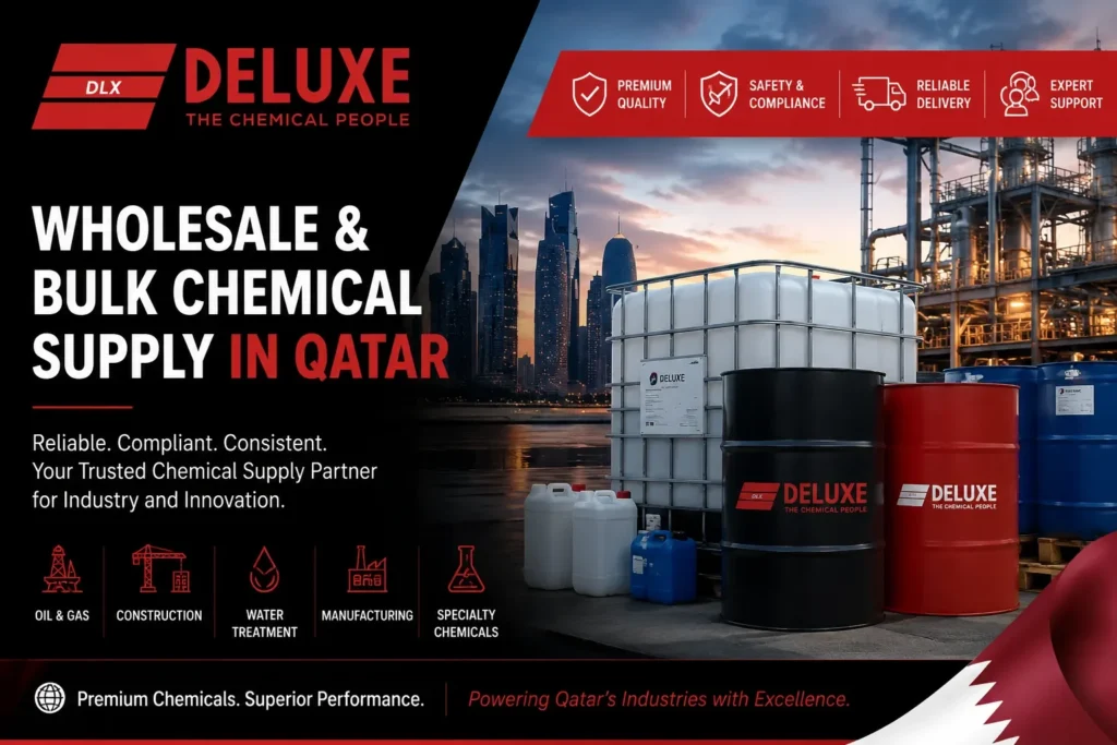 Wholesale and bulk chemical supply in Qatar by Deluxe The Chemical People, featuring industrial chemical drums, storage containers, and petrochemical facilities.