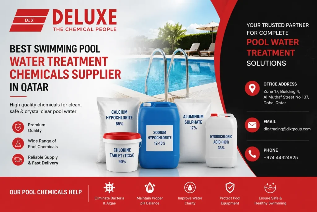 DELUXE TRADING SERVICES WLL swimming pool water treatment chemicals supplier in Qatar featuring Calcium Hypochlorite, Sodium Hypochlorite, Chlorine Tablets, and pool cleaning solutions