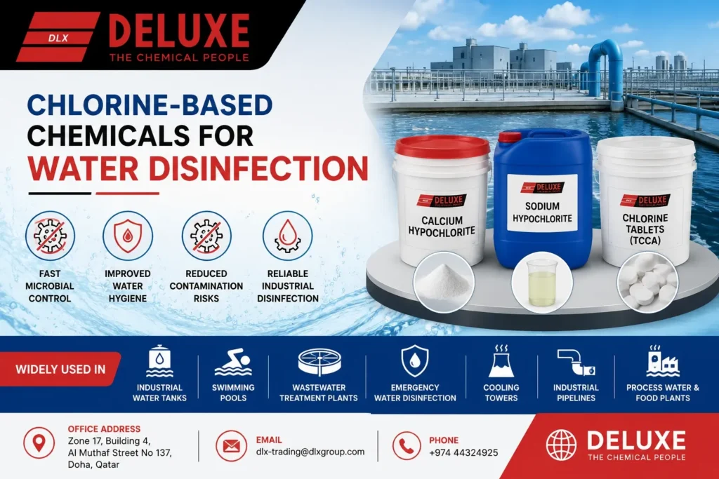 Chlorine-based chemicals for industrial water disinfection in Qatar featuring Calcium Hypochlorite, Sodium Hypochlorite, and TCCA chlorine tablets by DELUXE TRADING SERVICES WLL