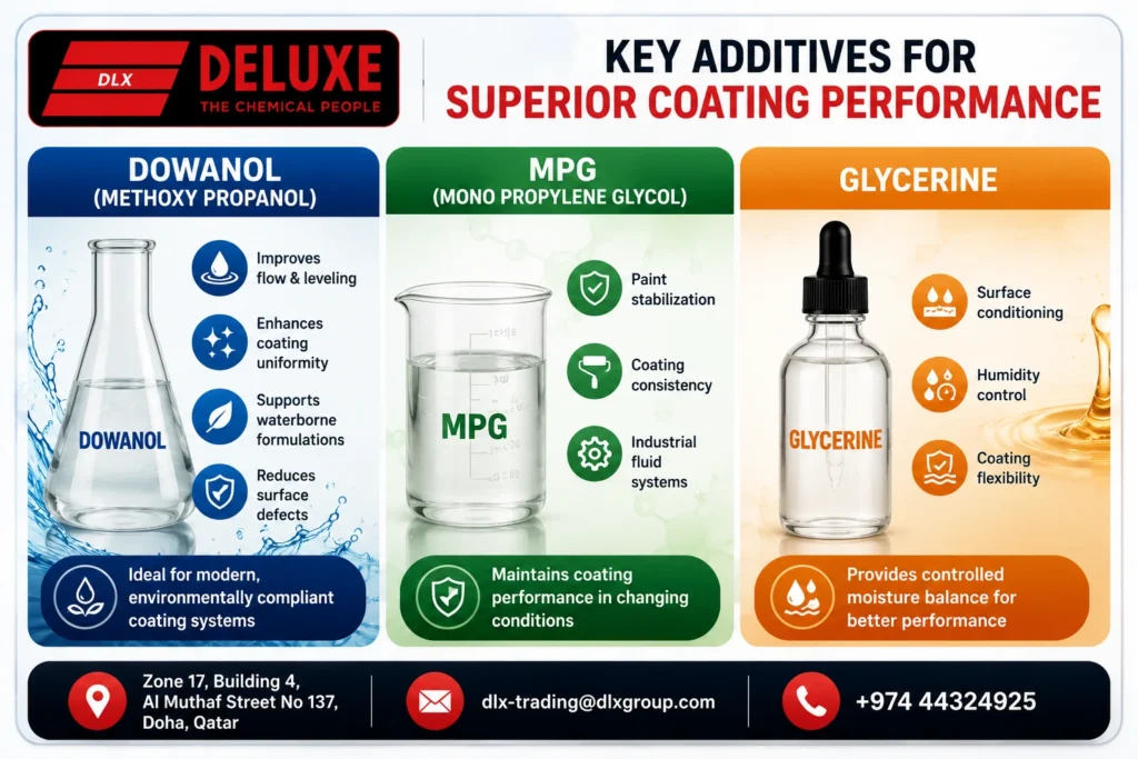 Dowanol, MPG, and Glycerine coating additives supplied in Qatar by DELUXE TRADING SERVICES WLL for industrial coating performance, paint stabilization, and moisture control.