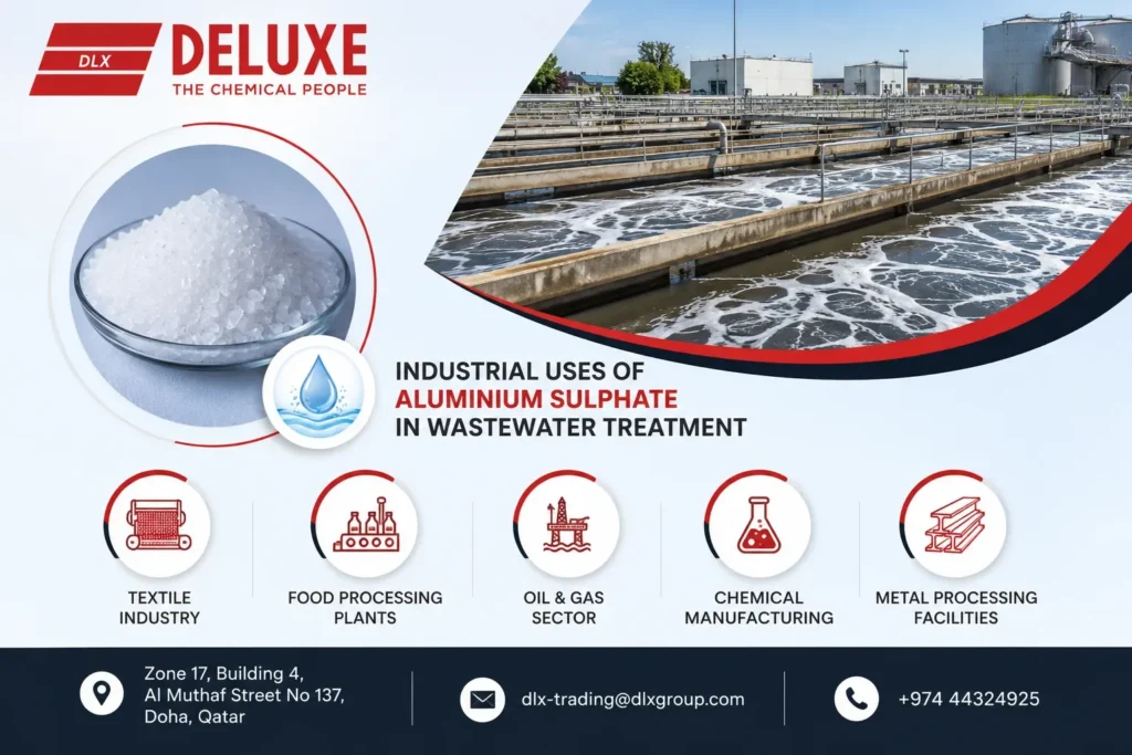 Industrial uses of aluminium sulphate in wastewater treatment for textile, food processing, oil and gas, chemical manufacturing, and metal processing industries by DELUXE TRADING SERVICES WLL
