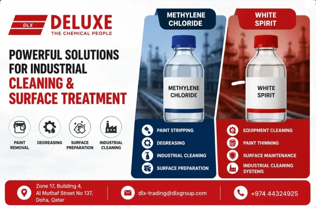 Methylene Chloride and White Spirit industrial cleaning chemicals supplied by DELUXE TRADING SERVICES WLL in Qatar for paint stripping, degreasing, and surface treatment applications.
