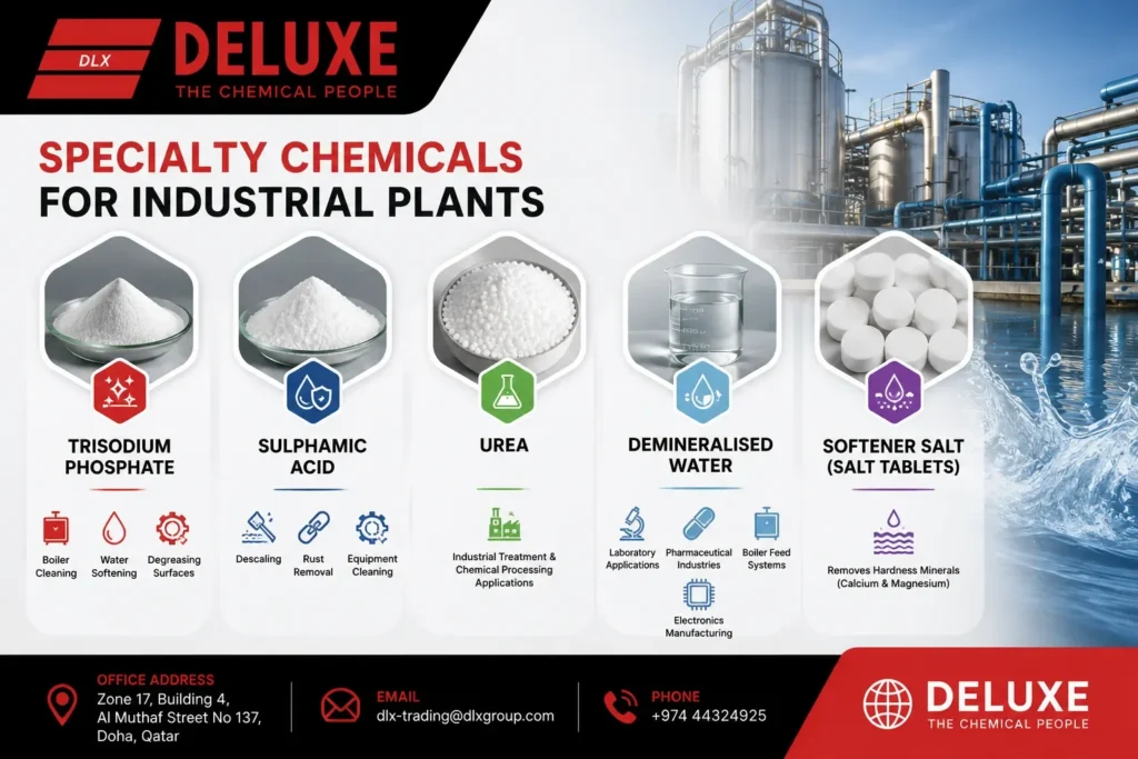 Specialty chemicals for industrial plants in Qatar featuring Trisodium Phosphate, Sulphamic Acid, Urea, Demineralised Water, and Softener Salt by DELUXE TRADING SERVICES WLL