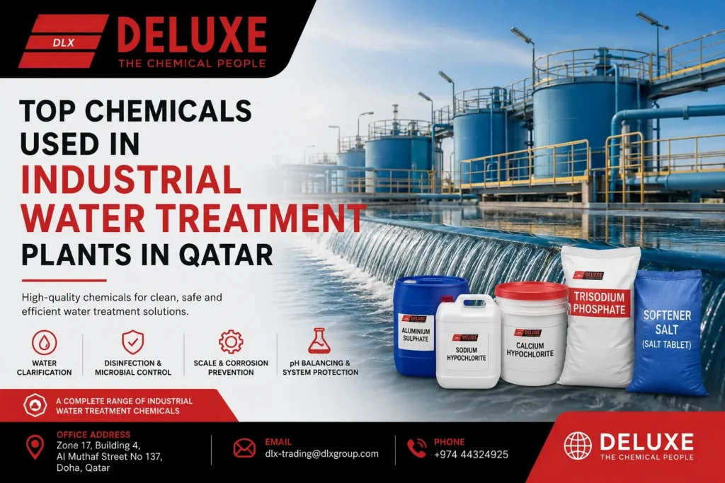 Top chemicals used in industrial water treatment plants in Qatar by DELUXE TRADING SERVICES WLL featuring water treatment chemicals and industrial purification systems