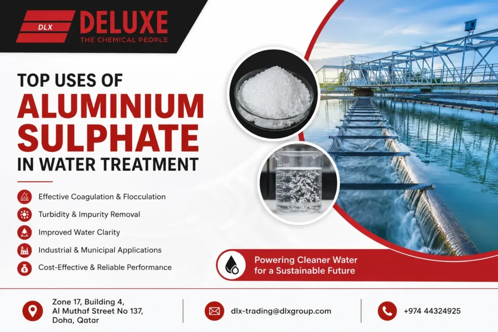 Top uses of aluminium sulphate in water treatment with industrial water purification plant and DELUXE TRADING SERVICES WLL chemical supply branding in Qatar