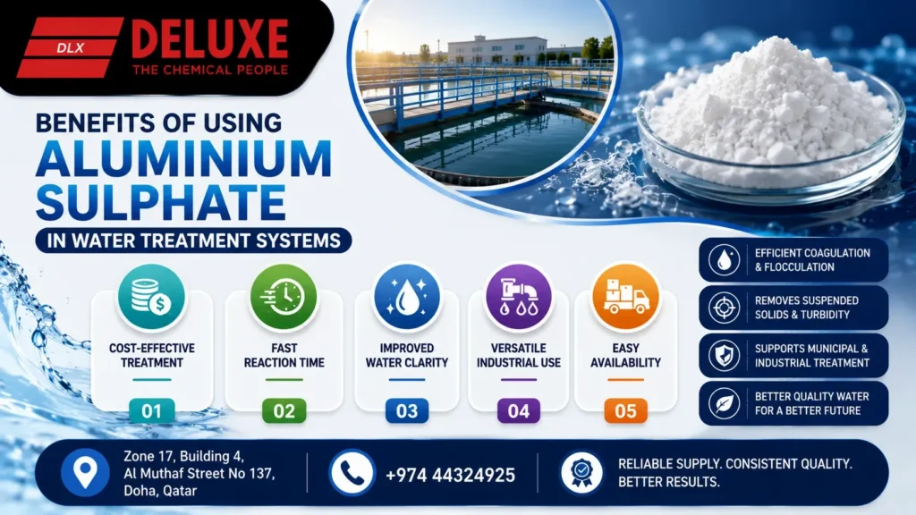 Benefits of aluminium sulphate in water treatment systems infographic by DELUXE TRADING SERVICES WLL featuring coagulation, turbidity removal, improved water clarity, fast reaction time, and industrial water treatment applications in Qatar.