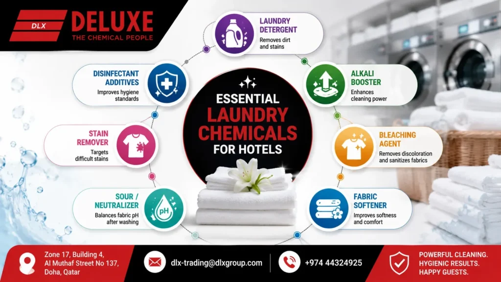 Essential Hotel Laundry Chemicals infographic by the leading Laundry Chemicals Supplier, DELUXE TRADING SERVICES WLL. Featuring premium laundry detergent, alkali booster, bleaching agent, fabric softener, sour neutralizer, stain remover, and disinfectant additives for efficient, hygienic, and professional hotel laundry operations across Qatar.
