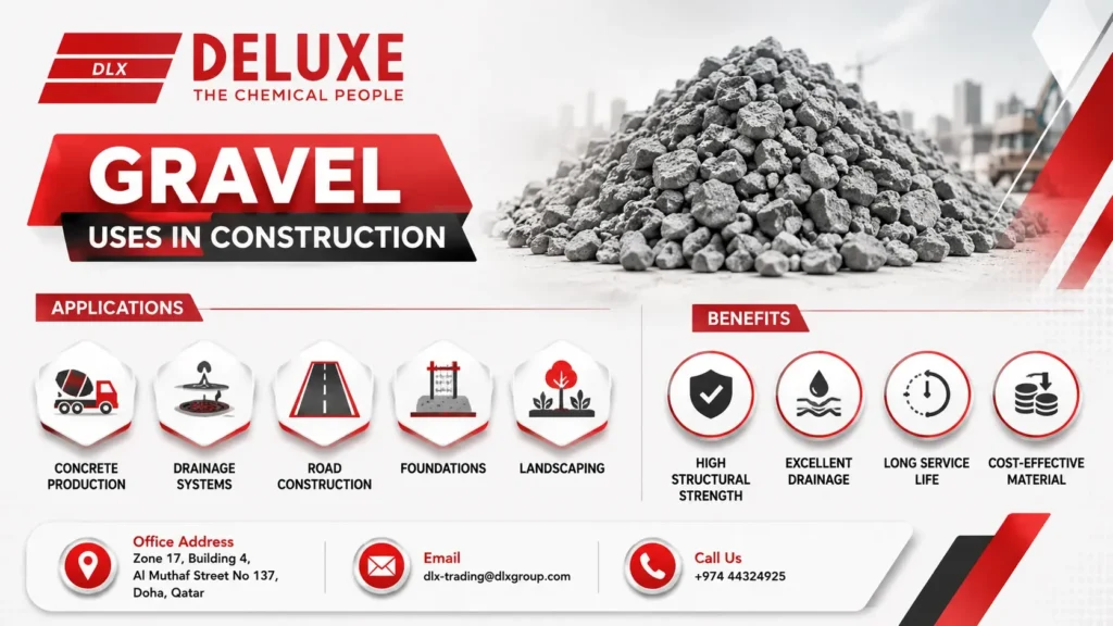 Construction Chemicals and gravel for construction in Qatar supplied by DELUXE TRADING SERVICES WLL, suitable for concrete production, road construction, drainage systems, foundations, and landscaping with high structural strength and excellent drainage performance.