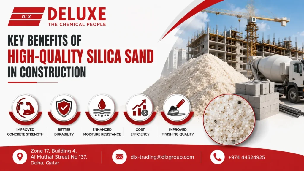 Bulk Silica Sand Supplier providing high-quality silica sand for construction in Qatar, delivering stronger concrete, enhanced durability, moisture resistance, cost efficiency, and superior finishing quality by Deluxe Trading Services WLL.