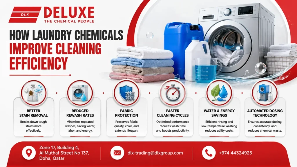 How commercial laundry chemicals improve cleaning efficiency with better stain removal, reduced rewash rates, fabric protection, faster cleaning cycles, water and energy savings, and automated dosing technology for industrial laundry operations in Qatar by DELUXE TRADING SERVICES WLL, a trusted Commercial Laundry Chemicals Supplier.