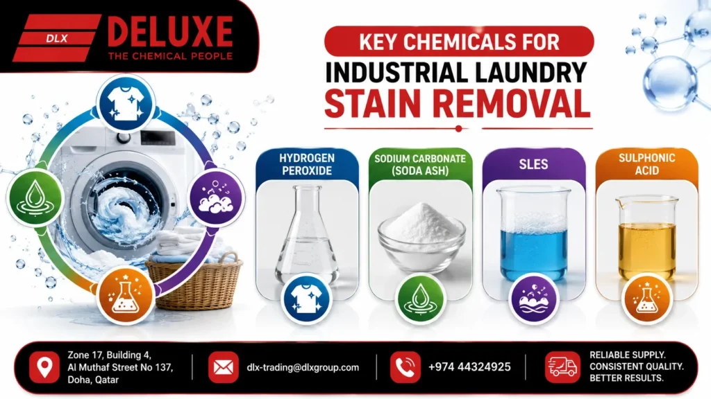 Industrial laundry stain remover chemicals infographic by DELUXE Chemical Supplier featuring Hydrogen Peroxide, Soda Ash, SLES, and Sulphonic Acid for commercial laundry and detergent manufacturing in Dubai.