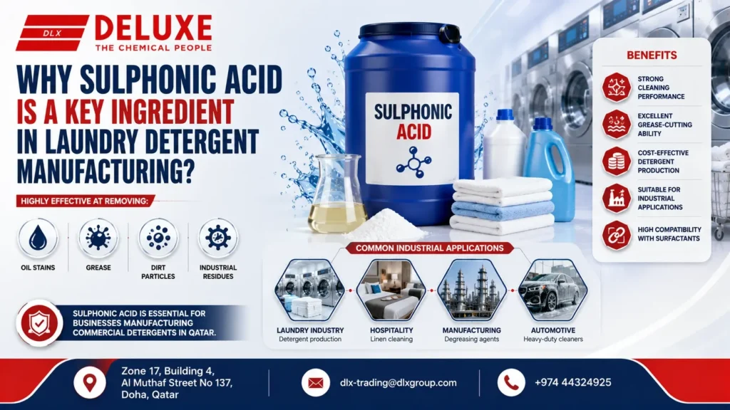 Laundry Chemicals for Industrial Use, including Sulphonic Acid for laundry detergent manufacturing in Qatar, highlighting strong cleaning performance, grease-cutting ability, cost-effective detergent production, compatibility with surfactants, and applications in commercial laundries, hospitality, manufacturing, and automotive industries.