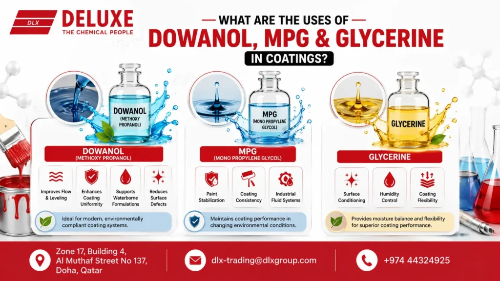 Infographic explaining the uses of Dowanol (Methoxy Propanol), Mono Propylene Glycol (MPG), and Glycerine in industrial coating systems, highlighting improved flow, coating uniformity, paint stabilization, humidity control, and coating flexibility. DELUXE TRADING SERVICES WLL supplies Coating and Painting Chemicals in Qatar.