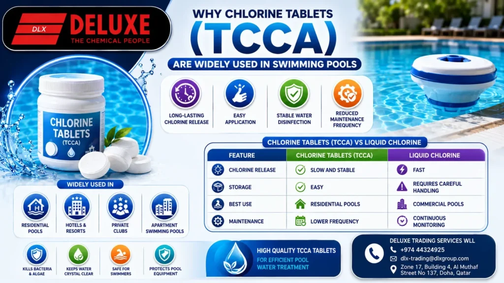 Chlorine Tablets TCCA for swimming pools water treatment chemicals infographic by DELUXE TRADING SERVICES WLL featuring slow-release chlorination, pool water disinfection, residential and commercial pool applications, and comparison with liquid chlorine systems in Qatar.
