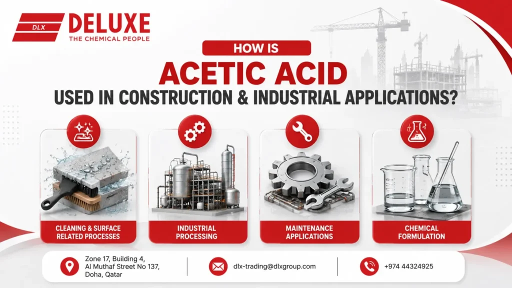 Acetic Acid Supplier , DELUXE TRADING SERVICES WLL, provides acetic acid used in construction and industrial applications for cleaning, processing, maintenance, and chemical formulation.