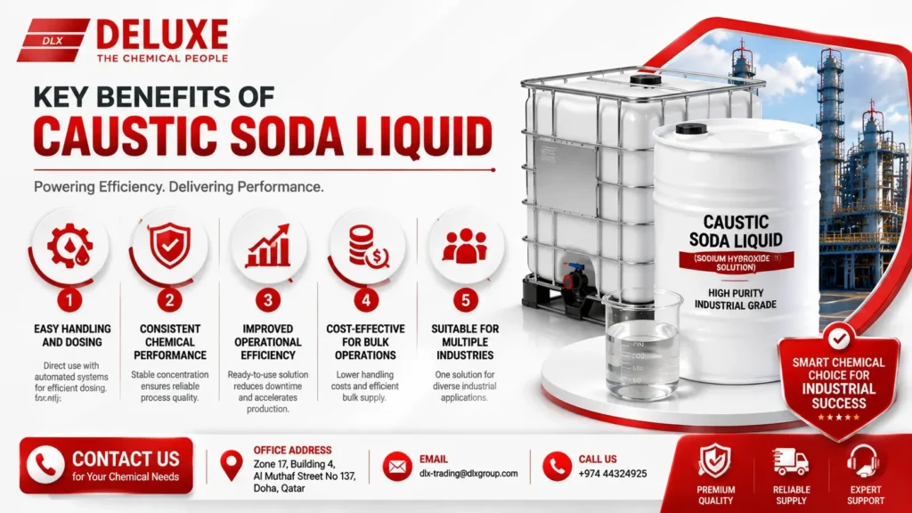 **Benefits of Caustic Soda Liquid infographic by Caustic Soda Liquid Supplier, DELUXE TRADING SERVICES WLL, showcasing easy handling, consistent chemical performance, operational efficiency, cost-effective bulk supply, and industrial-grade sodium hydroxide solution for industries in Qatar.**