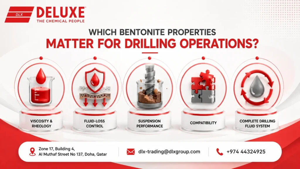 Key bentonite properties for drilling operations including viscosity and rheology, fluid-loss control, suspension performance, compatibility, and drilling fluid system performance