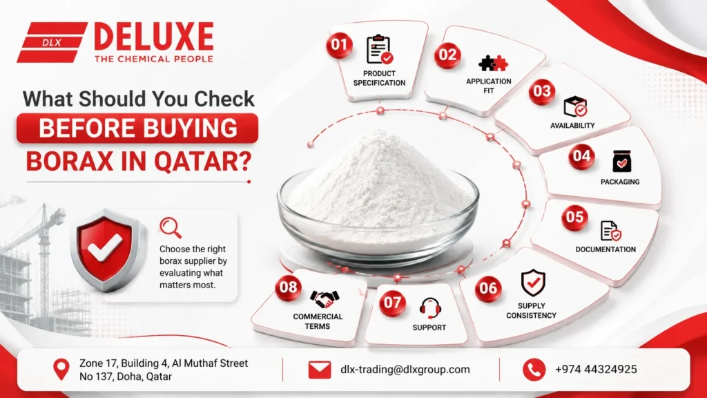 Borax Supplier , DELUXE TRADING SERVICES WLL, offers a practical borax buying checklist in Qatar covering product specification, application fit, availability, packaging, documentation, supply consistency, technical support, and commercial terms.