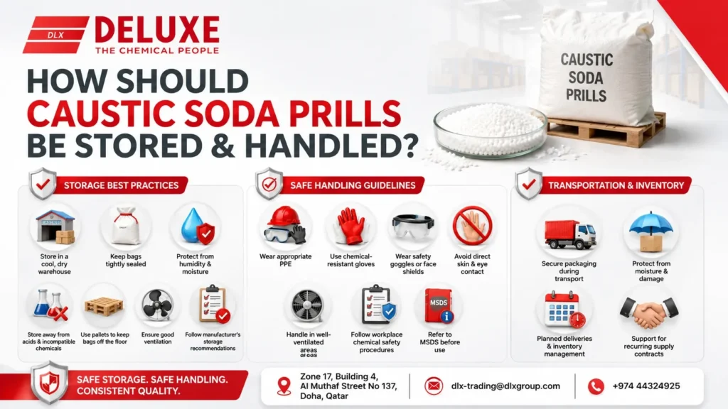 Caustic Soda Prills storage and handling guidelines infographic by Caustic Soda Prills Supplier, DELUXE TRADING SERVICES WLL, showing safe storage, PPE, transportation, and inventory management for industrial use in Qatar.
