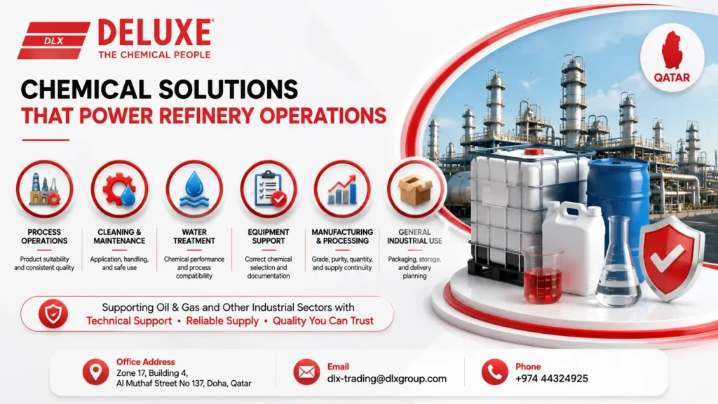 DELUXE refinery chemical supplier in Qatar for the oil and gas industry, providing premium-quality process chemicals, water treatment chemicals, cleaning solutions, and maintenance chemicals with technical support and reliable supply.