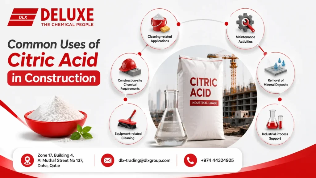 Common uses of citric acid in construction, including cleaning, maintenance, mineral deposit removal, equipment cleaning, industrial process support, and construction-site chemical requirements, with DELUXE TRADING SERVICES WLL in Qatar.