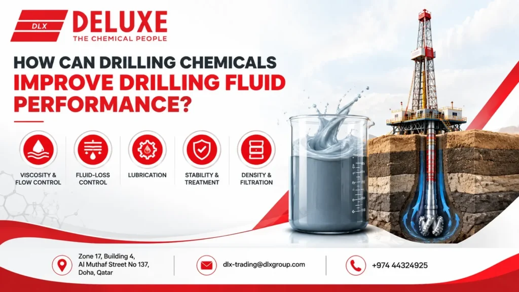 How drilling chemicals improve drilling fluid performance through viscosity and flow control, fluid-loss control, lubrication, stability, and filtration in oil and gas drilling with a trusted Drilling chemicals supplier, DELUXE TRADING SERVICES WLL.