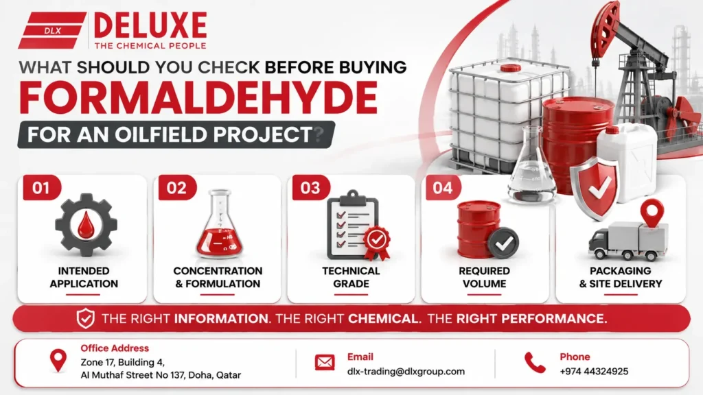 Formaldehyde buying requirements for an oilfield project in Qatar showing intended application, concentration and formulation, technical grade, required volume, packaging, and site delivery