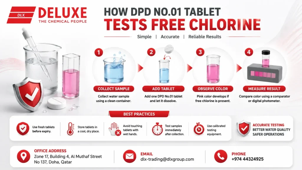 Illustration showing how a DPD No.01 tablet tests free chlorine using a four-step water testing process with a comparator, photometer, and best practices for industrial water quality monitoring in Qatar, provided by DELUXE TRADING SERVICES WLL, a trusted DPD No.01 Tablet supplier.
