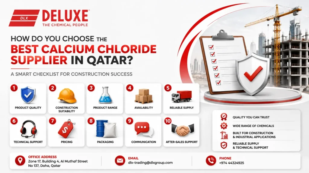 How to choose the best calcium chloride supplier in Qatar for construction projects, showing a supplier evaluation checklist with 3D icons for product quality, construction suitability, chemical range, availability, reliable supply, technical support, pricing, packaging, communication, and after-sales support, with DELUXE branding and Doha contact details