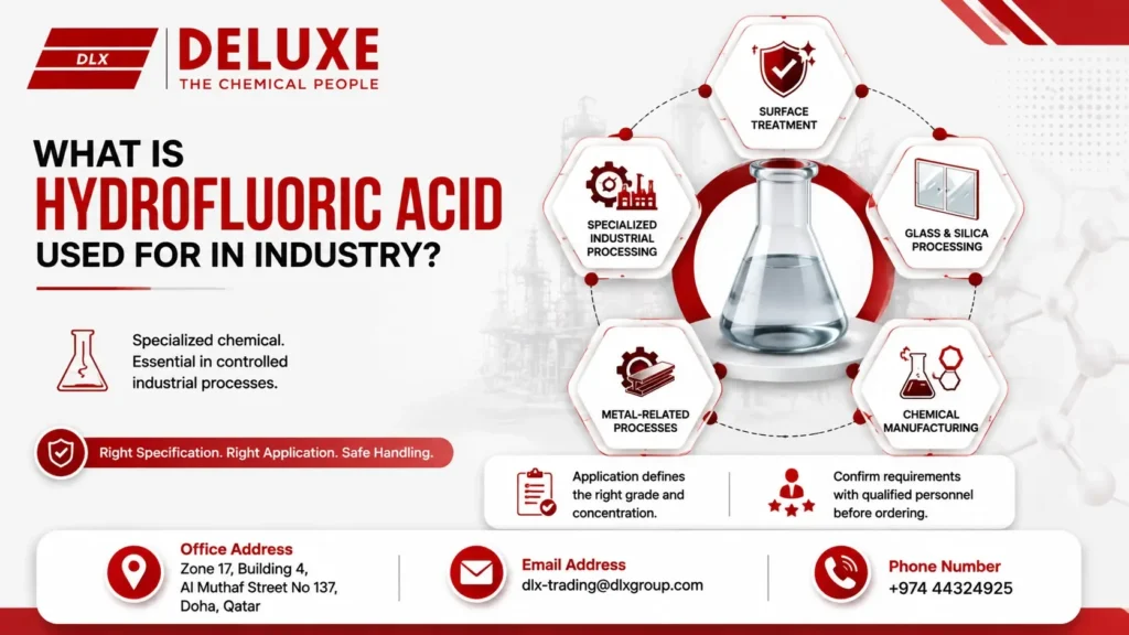 DELUXE Trading Services infographic explaining hydrofluoric acid industrial applications, including surface treatment, glass and silica processing, metal-related processes, chemical manufacturing, and specialized industrial processing, with a laboratory flask, industrial icons, safety guidance, and Qatar contact details.