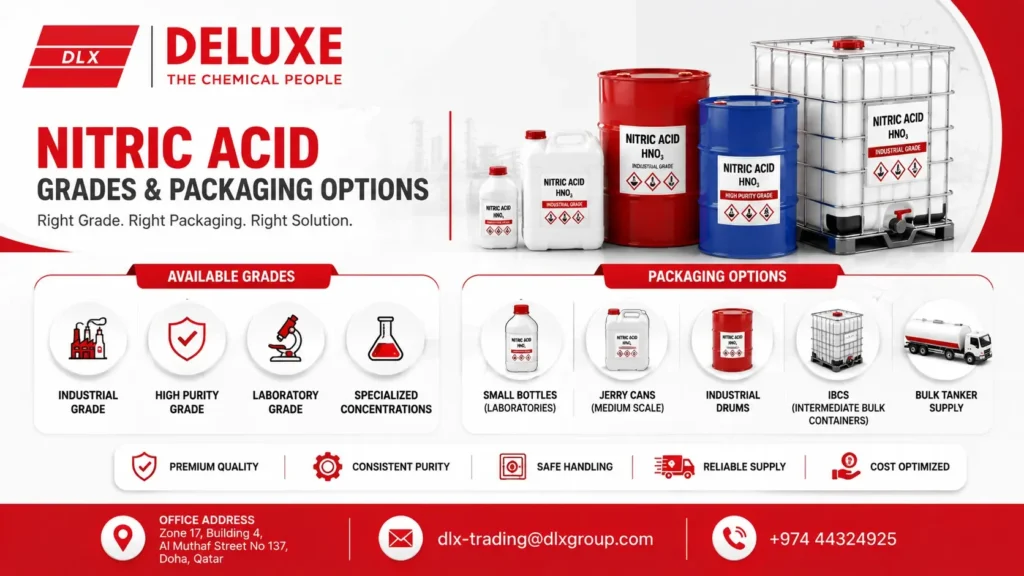 Nitric acid grades and packaging options infographic by Nitric Acid Supplier, DELUXE TRADING SERVICES WLL, showcasing industrial-grade, high-purity, laboratory-grade nitric acid, drums, jerry cans, IBC tanks, and bulk supply solutions for industries in Qatar.