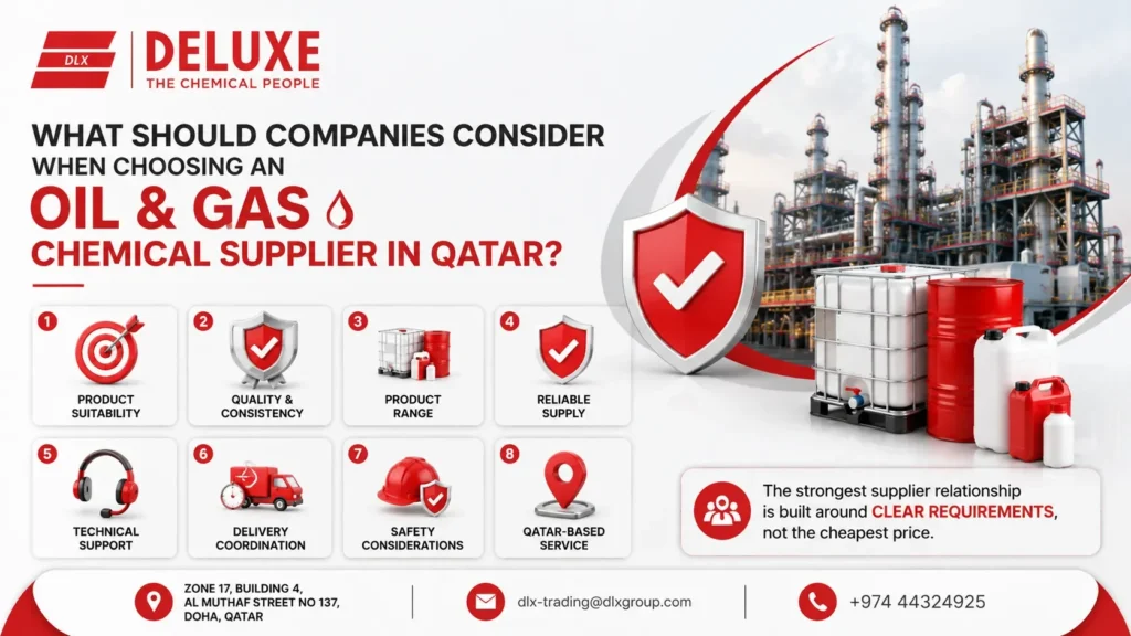 Key factors for choosing an upstream oil and gas chemicals supplier in Qatar, including product suitability, quality, reliable supply, technical support, delivery, safety, and Qatar-based service