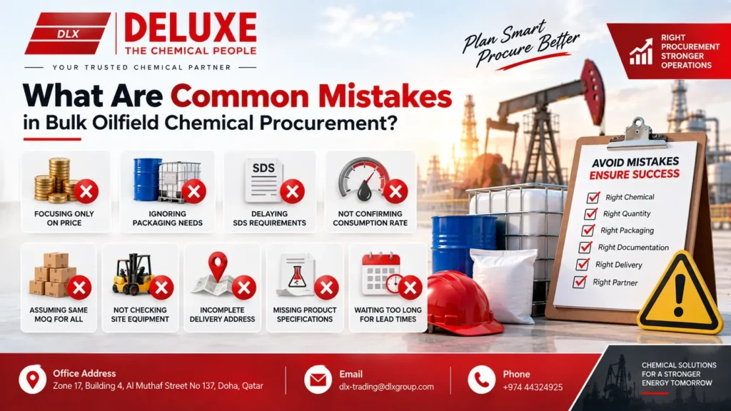 Common bulk oilfield chemical supply in Qatar procurement mistakes are illustrated with icons for pricing, packaging, SDS documentation, consumption, MOQ, site equipment, delivery address, product specifications and lead times, alongside an industrial oilfield background and procurement checklist.