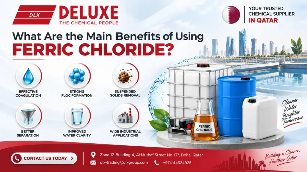 Main benefits of ferric chloride for water treatment, including effective coagulation, floc formation, suspended solids removal, better separation, improved water clarity, and industrial applications, presented by DELUXE Chemical People with Qatar water treatment imagery and contact details.