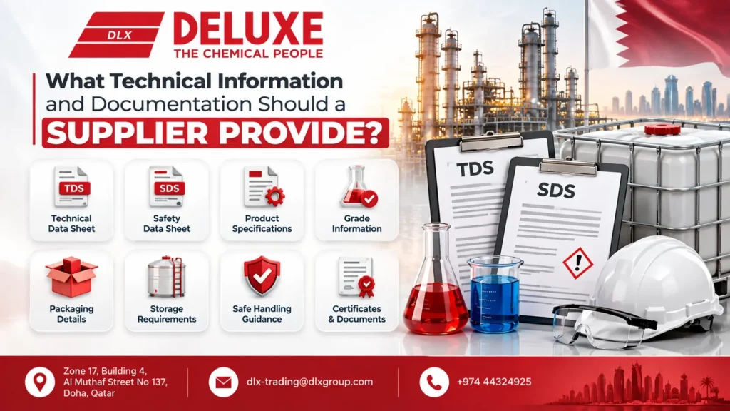 Oil and gas chemical supplier documentation guide showing TDS, SDS, product specifications, grade information, packaging, storage requirements, safe handling guidance, certificates, laboratory chemicals, industrial equipment, and Qatar-based chemical supply support. Choose an oil and gas chemical supplier with proper documentation.